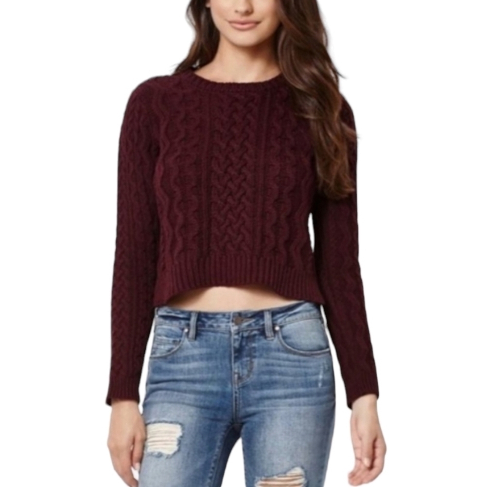 Kendall + Kylie Cropped Fisherman Sweater Cable Knit Burgundy, Size Large